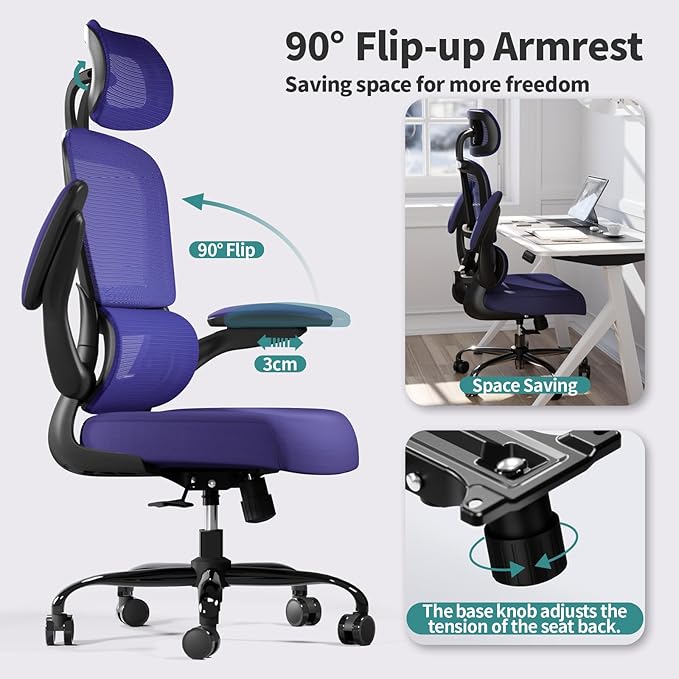 Office Chair Ergonomic Desk Chair, 330 LBS Home Mesh Office Desk Chairs with Wheels, Comfortable Gaming Chair, High Back Office Chair for Long Hours (Violet)-DeskLoop Office