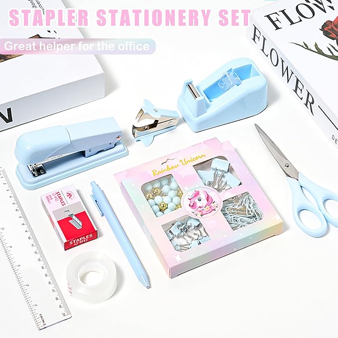 Desk Accessories with Pen Holder, Office Supplies Desk Organizers and Accessories, Tape Dispenser, Stapler, Staple Remover, Staples, Clips Set, Ruler, Scissor, Pen, Tape (Blue)-DeskLoop Office