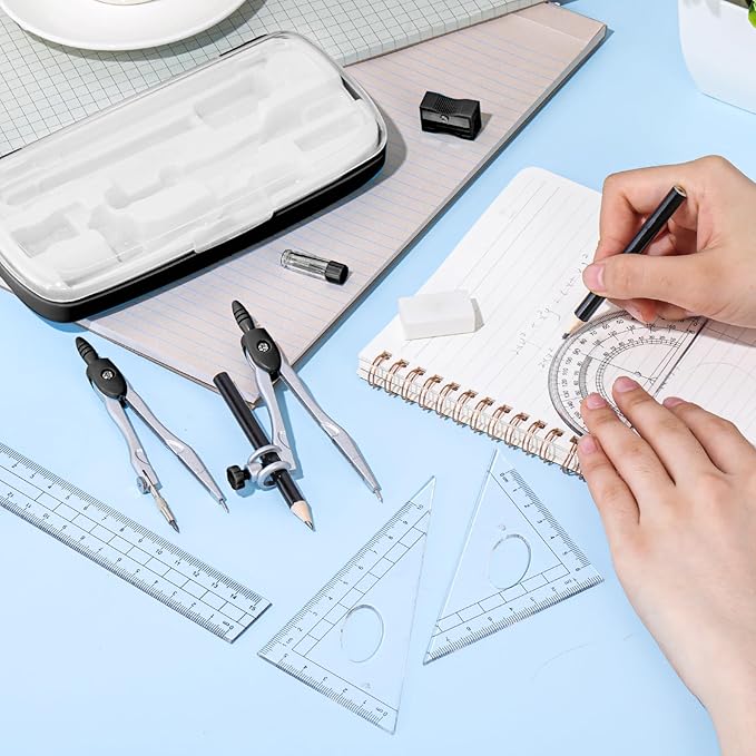 Zonon Math Geometry Set 10 Pcs Student Supplies with Shatterproof Storage Box, Includes Rulers Protractor Compass Pencil Sharpener Lead Refills Eraser Pencil for Drafting and Drawings (Black)-DeskLoop Office
