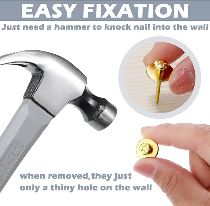 Zhengmy 40 Pcs Double Headed Picture Hangers Nails 4 Size Long Thumb Tacks Wall Nails for Hanging Pictures Decorative Push Pins Hooks for Drywall Photo Office Home Decor, 20/30/ 40/ 50lb(Gold)-DeskLoop Office