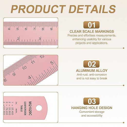 HARFINGTON 6pcs Metal Straight Ruler 20cm Metric SAE Aluminum Alloy Measuring Rulers Scale Tool with Hole for Measure Study Reading Classroom Office, Pink-DeskLoop Office