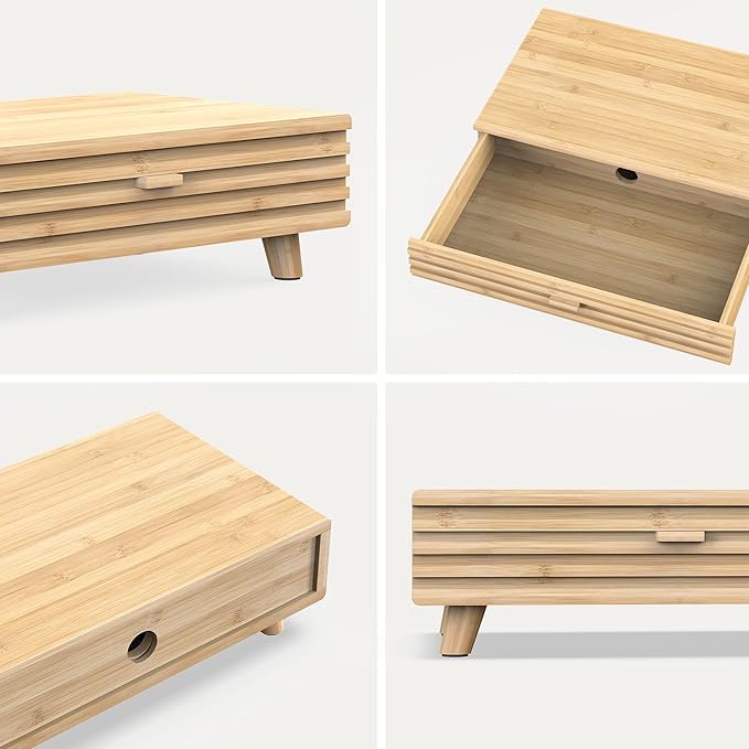 Bamboo Monitor Stand with Drawer - Desk Organizer with Cable Management & Storage, Ergonomic Laptop Riser for Home Office (220lbs Capacity, 15.7 inch ,Natural)-DeskLoop Office