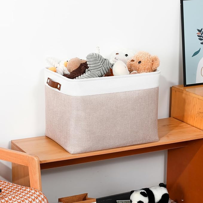 DULLEMELO Fabric Storage Bins, Lining Fabric Baskets For Gifts, Large Storage Baskets for Toys Books Clothes Storage, Foldable Storage Basket for Office Home Shelves Closets Organizing(White&Khaki)-DeskLoop Office