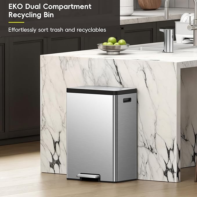 EKO EcoCasa II Rectangular Kitchen Step Trash Can, 20L+20L Dual Compartment Recycling Bins, Stainless Steel Lid and Pedal, Odor-Proof, Fingerprint Resistant-DeskLoop Office