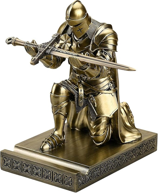 Medieval Armored Warrior Wearing Outerwear, Mobile Phone Stand Knight Pen Holder Desk Organizers, Resin Bookends Paperweight with a Letter Opener for Desk (Bronze)-DeskLoop Office