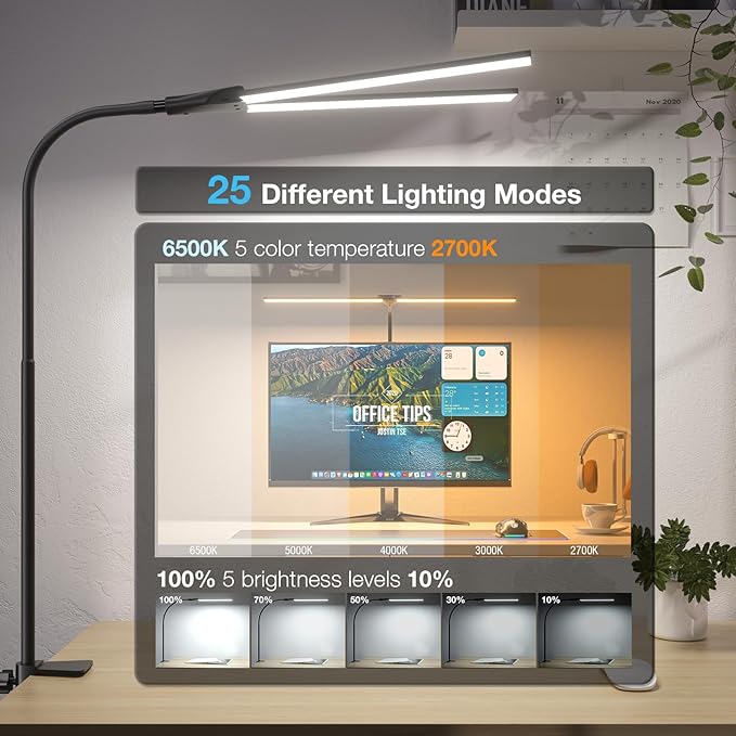 LED Desk Lamp for Home Office, Bright Double Head Desk Lamp with Clamp, Dimmable 5 Color Modes Desk Lighting, 12W Eye-Caring Architect Table Lamp for Workbench, Monitor, Reading, Study, 1400lm-DeskLoop Office