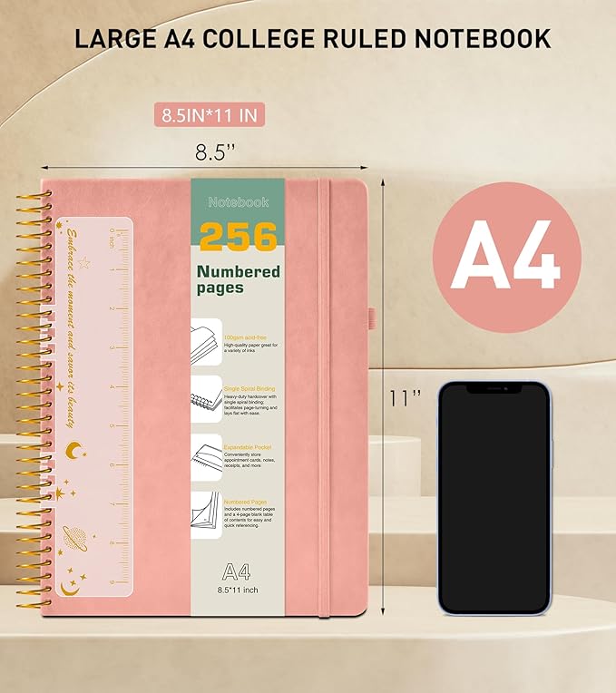 A4 Spiral Notebook Journal 8.5” x 11”, 256 Numbered Pages Hardcover Leather Journals for Women Men, Large Lined College Ruled Notebooks, 100GSM Thick Paper, Spiral Bound Journal for Work School, Pink-DeskLoop Office