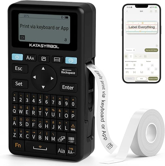 SUPVAN E11 Bluetooth Label Maker Machine with Tape, Support Keyboard & App with 40 Fonts and 450+ Icons, Rechargeable Inkless Labeler for Home, Kitchen, Office, School, Organization, Black-DeskLoop Office