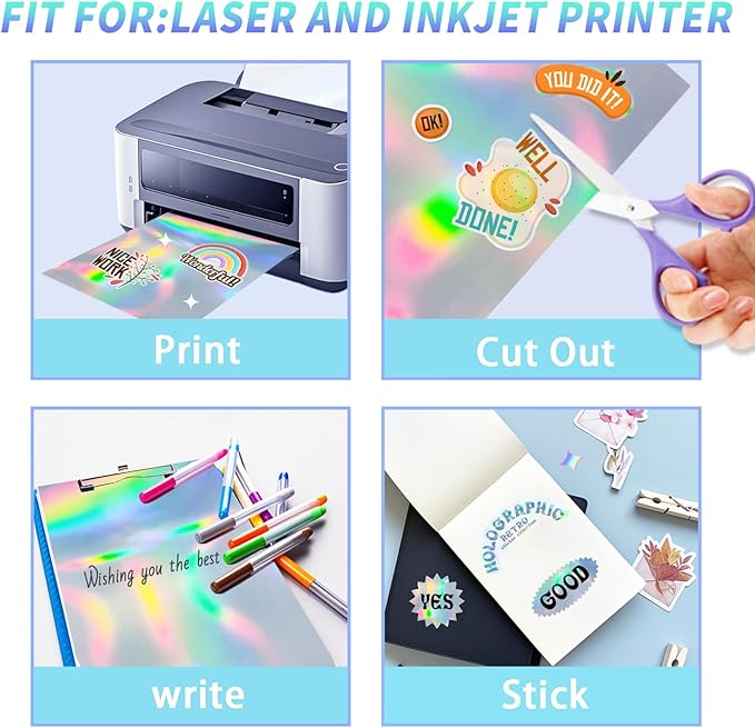 Printable Holographic Silver Sticker Paper, Laser & Inkjet Printable 8.5 x 11 Inches Dries Quickly Stickers Rainbow Vinyl Label 22 pcs-DeskLoop Office