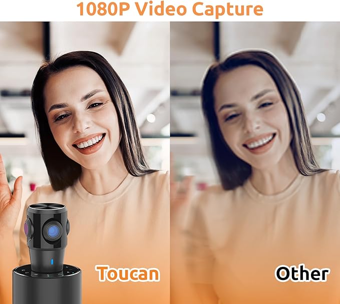TOUCAN 360-Degree Video Conference Camera, 1080p HD Webcam with 4 Noise Reduction Mics, Speaker, AI Tracking, Works with Zoom, Google Voice, Microsoft Teams and More, for PC/Mac/Tablet-DeskLoop Office