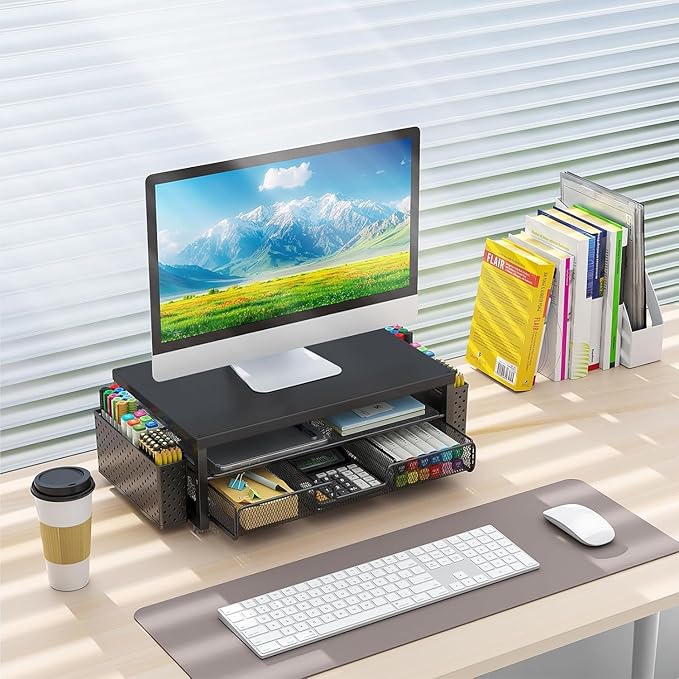 gianotter Wood Monitor Stand Riser, Office Desk Shelf Organizer, Desk Organizer with Drawer and Pen Holder, 2-Tier Computer Stand, Office Organization (Ink)-DeskLoop Office