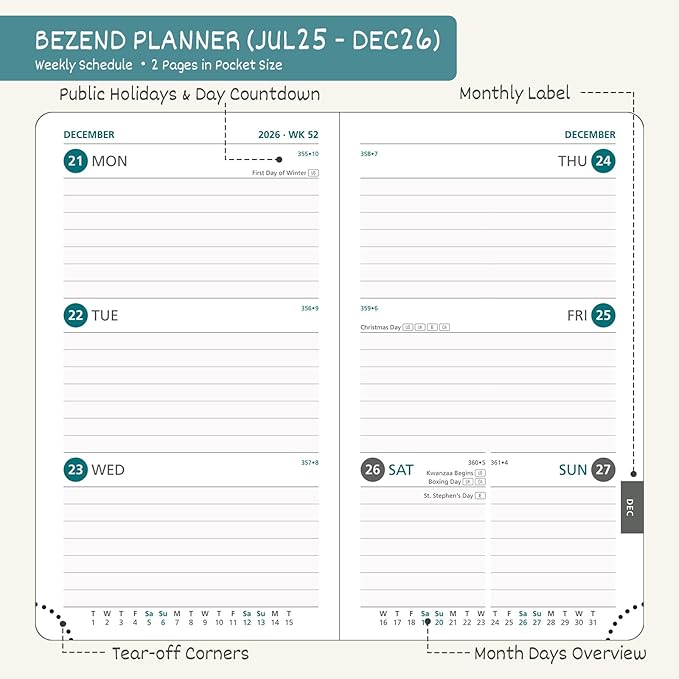 BEZEND Pocket Planner 2025-2026 Weekly and Monthly, 3.5" x 6" Academic Planner (Jul 25-Dec 26) 18-Month Mid-Year Calendar Book, Storage Pocket, Pen Holder, PU Leather Hardcover - Sky Blue-DeskLoop Office
