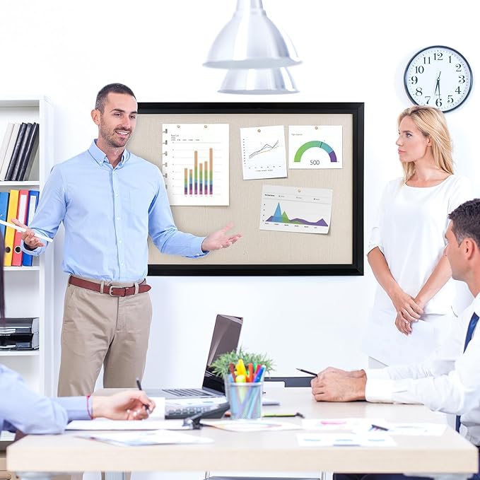 Bulletin Board Cork Board with Linen, 100% Wood Framed 30" x 20" Bulletin Board Decorations, Pin Boards for Walls, Wall Mounted Fabric Picture Board with 10 Pushpins for School, Home & Office, Black-DeskLoop Office