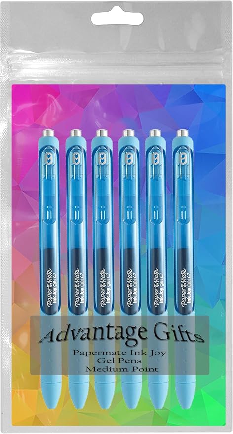 Paper Mate InkJoy Gel Pens, Bright Blue, Medium Point (0.7mm), 6 Count, Bundle with Plastic Reusable Pouch-DeskLoop Office