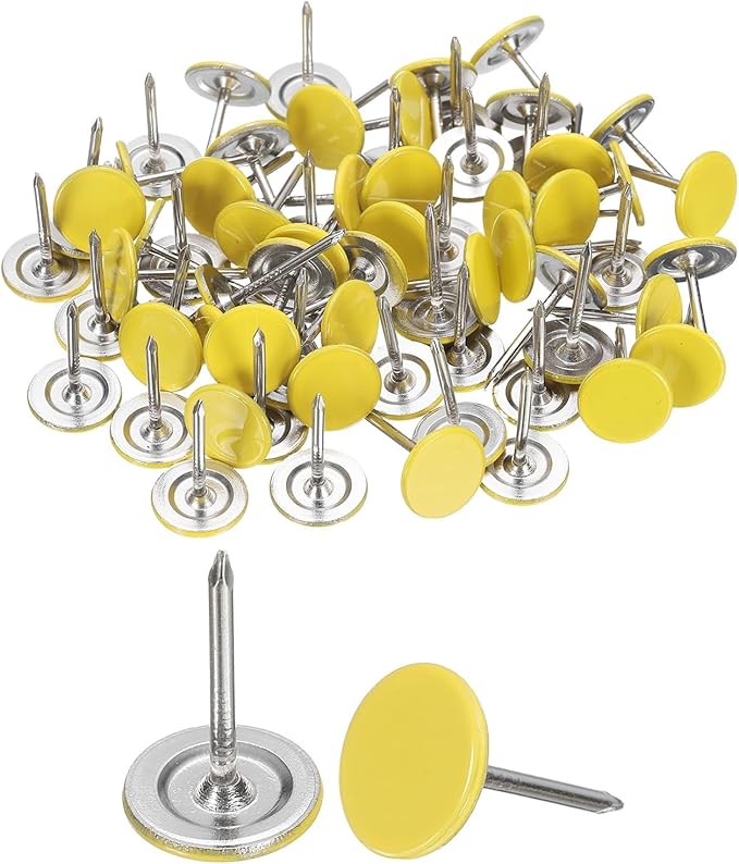 uxcell 100Pcs Upholstery Tacks, 11mmx17mm Flat Head Thumb Tack Decorative Furniture Nails Push Pins for Furniture Sofa Headboards, Yellow-DeskLoop Office