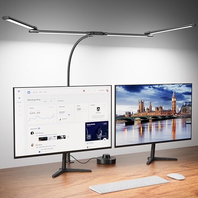 LED Desk Lamp with Clamp, 24W Ultra Architect Desk Lamp for Home Office, Stepless Dimming & Adjustable Gooseneck, Eye-Caring Light with USB Adapter for Reading, Study, Multi-Screen Setup (Black)-DeskLoop Office