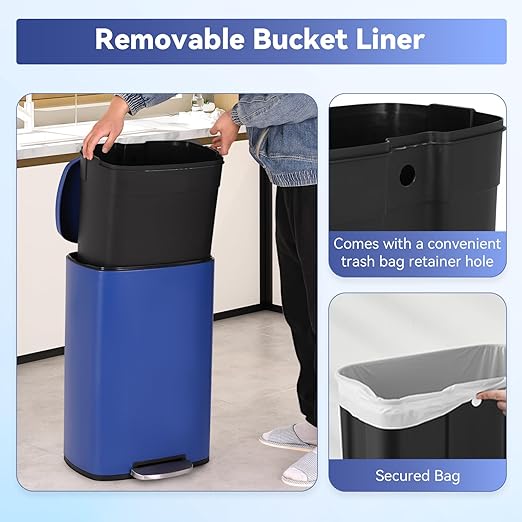 PayLessHere Stainless Steel Trash Can with Lid - Removable Inner Bucket, Foot Pedal Soft Close for Office, Home, Kitchen Garbage Bin (Deep Blue, 13 G)-DeskLoop Office