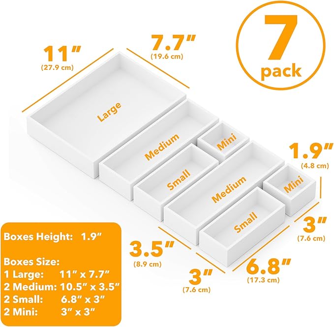 SpaceAid 7-Piece Bamboo Drawer Organizer Storage Boxes Set, Wood Tray Junk Drawer Organizers Multi-Use Divider Bins for Kitchen, Bathroom, Office Desk and Makeup Organization (7 Pack, White)-DeskLoop Office