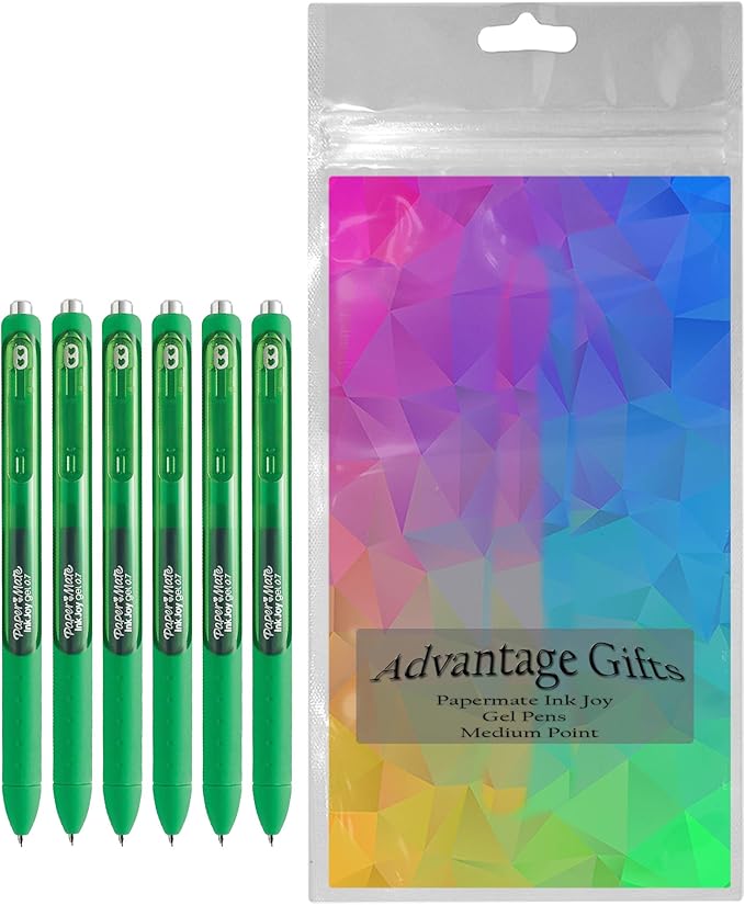 Paper Mate InkJoy Gel Pens, Green Ink, Medium Point (0.7mm), 6 Count, Bundle with Plastic Reusable Pouch-DeskLoop Office