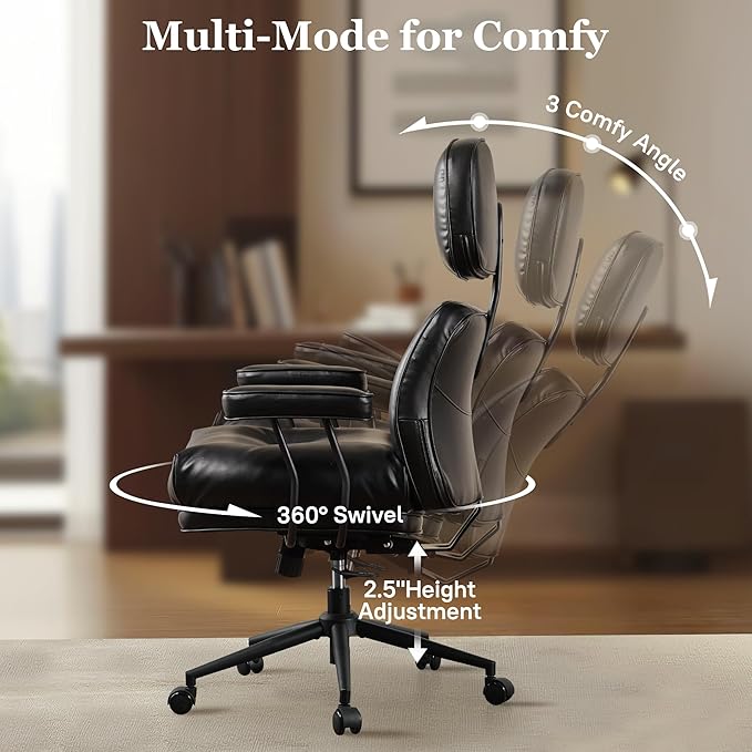 Mid Century Modren Big and Tall Office Chair,Large Ergonomic Executive Chair for Heavy Duty People, Computer Desk Task Chair with Wheels, Faux Lether Fabric Wide Chair for Home Sturdy,Black-DeskLoop Office