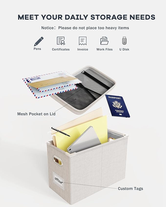 Oterri File Organizer With Lid, Hanging Filing Box With Mesh Pocket, Document Organizer for Letter Files, Portable Storage With Smooth Sliding Rail for Office & Home (2 PCS, Beige)-DeskLoop Office