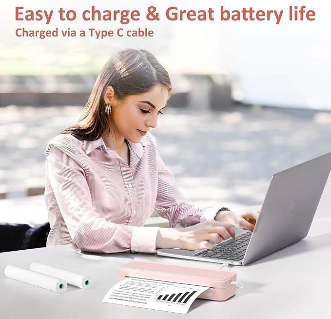 Inkless Portable Printer for Travel, Wireless Thermal Printer Supports 8.5 x 11 Inch US Letter Size, Bluetooth Machine Includes Carry Case and 3 Rolls of Thermal Paper Kit, Pink-DeskLoop Office