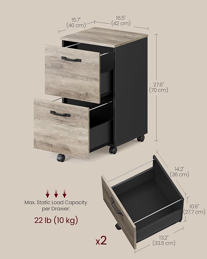 VASAGLE 2-Drawer File Cabinet, Small Rolling Filing Cabinet for Home Office, Printer Stand, for A4, Letter-Size Documents, 15.7 x 16.5 x 27.6 Inches, Heather Greige and Ink Black UOFC040B02-DeskLoop Office