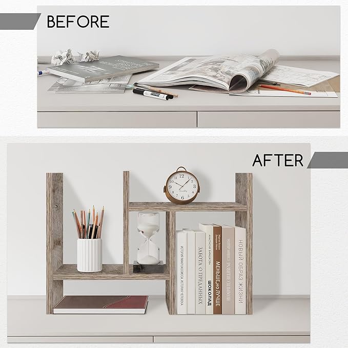 Jerry & Maggie Desktop Organizer Office Storage Rack Adjustable Wood Display Shelf Free Style Double H, Multi-Functional Mini Bookshelf for Desk Natural Stand (Gray Oak)-DeskLoop Office