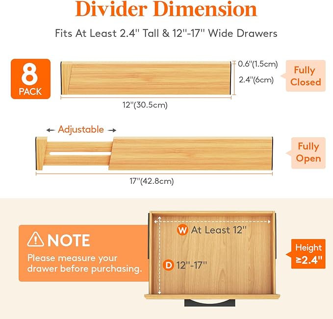 Lifewit 8 Pack Drawer Dividers Bamboo 2.4" High, 12-17" Adjustable Drawer Organizers for Clothes, Wooden Dresser Separators in Bedroom/Bathroom/Kitchen/Fridge/Office Organization and Storage-DeskLoop Office
