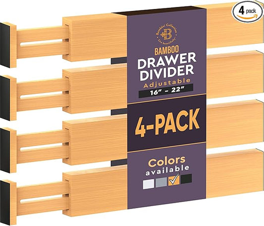 4 Pack Drawer Dividers Bamboo 2.6" High, 16-22" Adjustable Drawer Organizers for Clothes, Expandable Dresser Separators in Bedroom/Bathroom/Kitchen/Office Organization and Storage (Natural)-DeskLoop Office