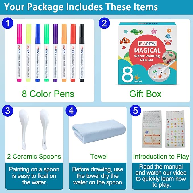IRWPITW Magic Drawing Pen Bundle, 8 Colors Magical Water Painting Pens for Kids, Kiddies Create Magic Pen Floating Ink Drawings Set with Spoons and Towel, Tattoo Water Marker Gifts for Boys and Girls-DeskLoop Office