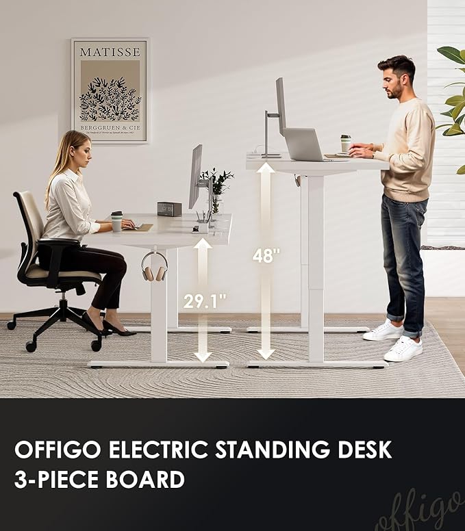 OffiGo Electric Standing Desk with 3-Piece Board, 71 Inch Height Adjustable Large Table with Power Outlets, Sit Stand Table, Writing Computer Desk for Home, Office, Workstation, White-DeskLoop Office