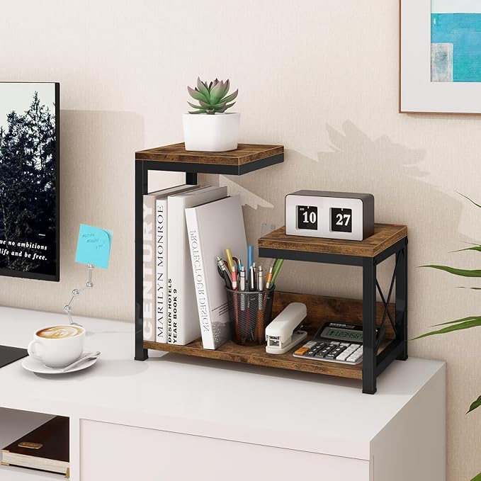 ELITEROO Desktop Shelf Organizer, 3 Tier Office Shelves, Wood Desk Organizers Storage Rack and Freestanding Display Shelf for Office, Dormitory, Home, Rustic Brown-DeskLoop Office