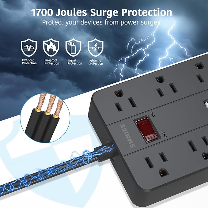 10 Ft Extension Cord Surge Protector, SMNICE 8 Widely Spaced Outlets and 6 USB (1 USB C) Charging Ports Flat Plug Power Strip, Desktop Power Cord for Travel Home Office Accessories Black-DeskLoop Office