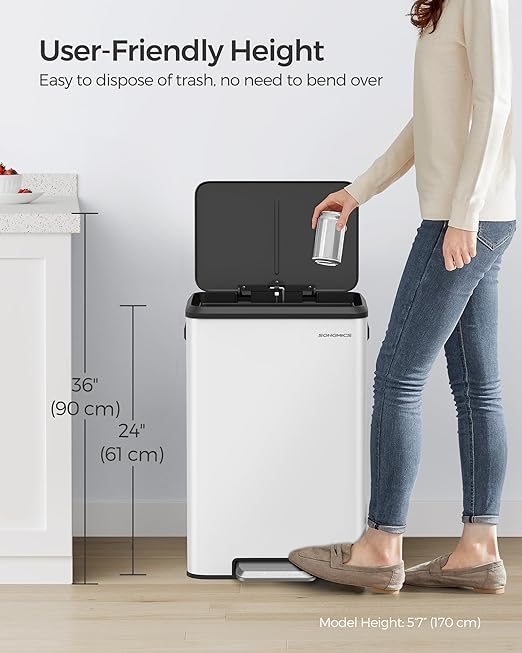 SONGMICS Kitchen Trash Can, 10.5-Gallon (40L) Garbage Can with Lid and Wide Foot Pedal, Soft Close and Stays Open, White ULTB541W40-DeskLoop Office