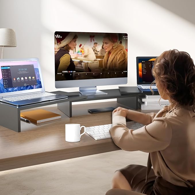 Pholiten Dual Monitor Stand Riser for 2 Monitors,Desktop Monitor Stand with Adjustable Length and Swivel Angles, Extra Long Multifunctional Stand up to 48.2" fit Computer Laptop Printer Max 44 lbs-DeskLoop Office