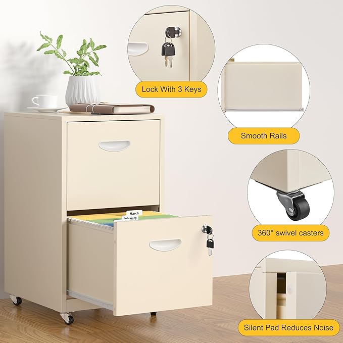2 Drawer File Cabinet with Lock,Cream Rolling File Cabinet for Home Office, Metal Small Mobile Filing Cabinets on Wheels for Hanging Letter