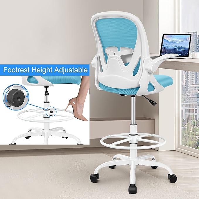 Primy Drafting Chair Tall Office Chair with Flip-up Armrests Executive Ergonomic Computer Standing Desk Chair with Lumbar Support and Adjustable Footrest Ring(Blue)-DeskLoop Office