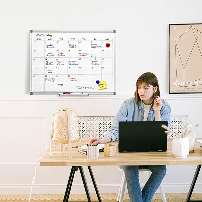 Comix Magnetic Dry Erase Calendar Whiteboard, 24 x 18 Inches Monthly Calendar Dry Erase Board for Wall, Aluminum Frame Planner White Board with Markers, Eraser, Magnets-DeskLoop Office