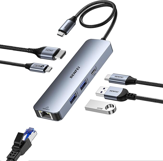 BENFEI 6-in-1 USB C Hub with HDMI(4K@60Hz), 2 USB-A, 1 USB-C Data, 100W Charge, Gigabit Ethernet, Silicone Tangle-Free Cable Compatible with MacBook Pro/Air, iPad Pro, iMac, iPhone 15 Pro/Pro Max-DeskLoop Office