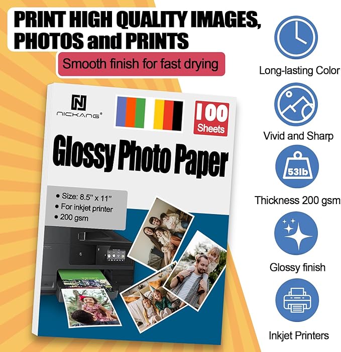Photo Paper, Glossy Photo Paper 8.5x11, 53 LB/200 gsm, Letter Size, 100 Sheets Bulk, Photo Printer Paper, Picture Paper for Inkjet Printer-DeskLoop Office