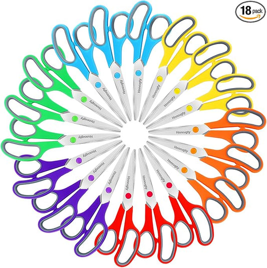 Scissors, Hnncugty 8" Scissors All Purpose Bulk Set of 18-Pack, Sharp Shears for Office Home Craft Sewing Fabric, High/Middle School Supplies Student Teacher Supplies, Comfort Grip Right/Left Handed-DeskLoop Office