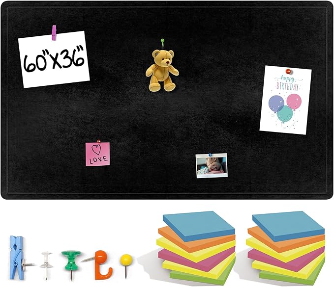 Large Bulletin Board 60 x 36 Inches - Foldable Felt Bulletin Board for Wall, Cork Board Alternative with 100 Color Pins & 12 Note Pads, Vision Board - Black-DeskLoop Office