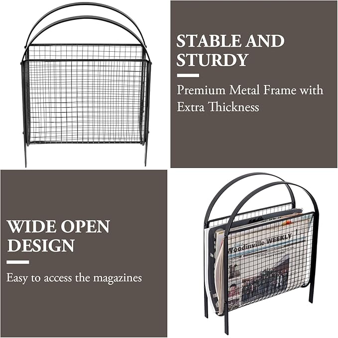 MyGift Mid-Century Design Magazine Rack, Matte Black Tone Metal Mesh Freestanding Magazine Organizer Holder Sling-DeskLoop Office