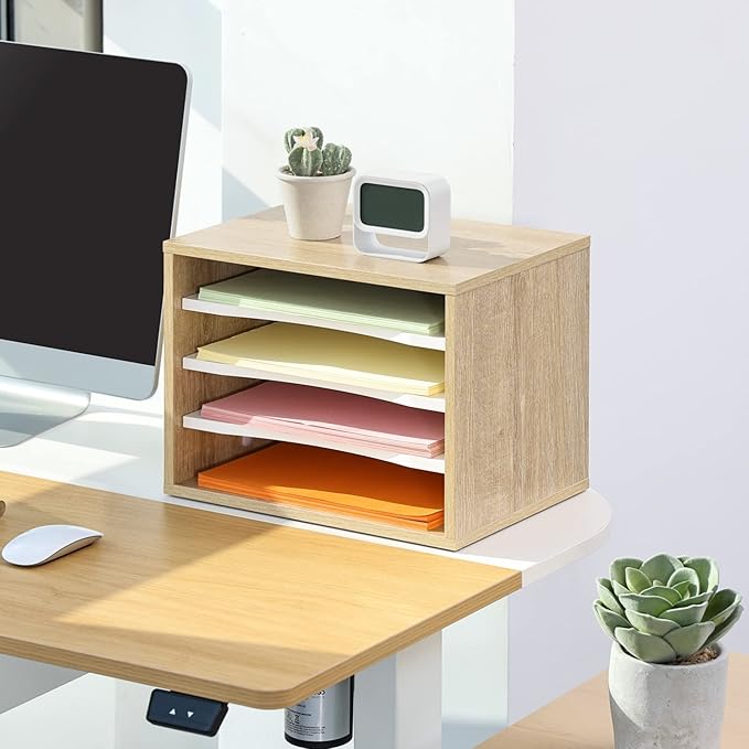 FITUEYES Wood Desk Paper Sorter Organizer with 4-Tier Storage, Desktop Paper File Holder Letter Tray for Home and Office, Light Wood, DO403506WO-DeskLoop Office