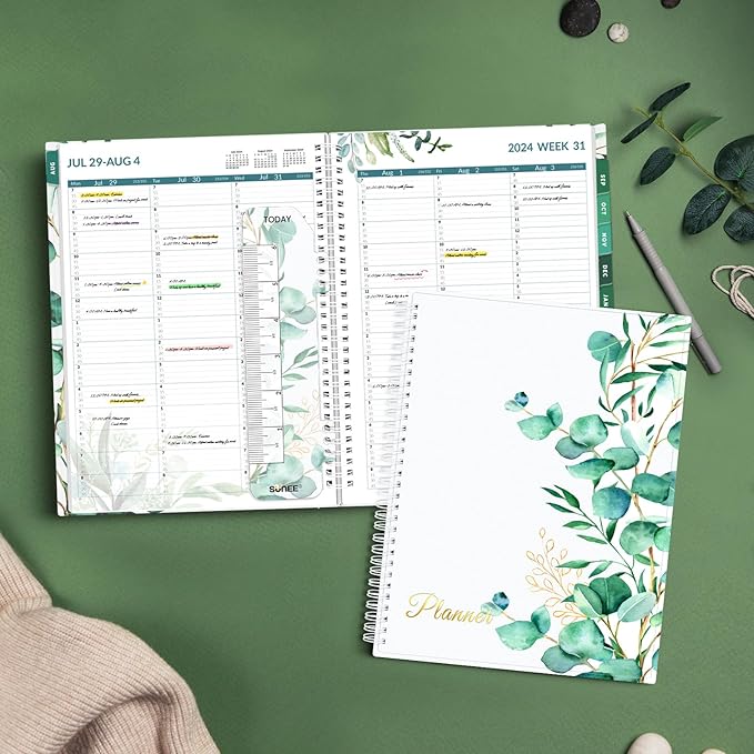 SUNEE 2025-2026 Appointment Book, Quarter-Hourly, Weekly & Monthly - from July 2025 to June 2026, 8.5"x11" Academic Planner, Flexible Cover, Note Pages, Bookmark, Spiral Binding, Leaves-DeskLoop Office