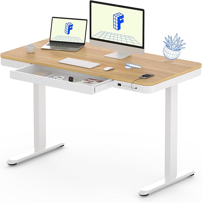 FLEXISPOT Comhar Electric Standing Desk with Drawers Charging USB Port, Height Adjustable 48" Whole-Piece Quick Install Home Office Computer Laptop Table with Storage (Maple Top + White Frame)-DeskLoop Office