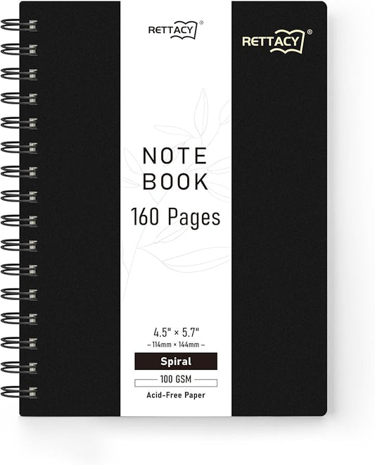 RETTACY Pocket Journal Notebook, 160 Lined Pages, A6 Mini Small Size (4.5" × 5.7"), for Work, Journaling, Writing, 100 GSM Thick Paper, Spiral-bound, Flexible Plastic Cover (Black)-DeskLoop Office