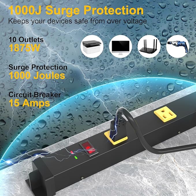 10 Outlet Surge Protector, Long Metal Wide Spaced Garage Industrial Power Strip, Heavy Duty with 6 FT Cord, 15A, 125V, 1875W, 2700 Joules, 2Pack, SGS Listed-DeskLoop Office