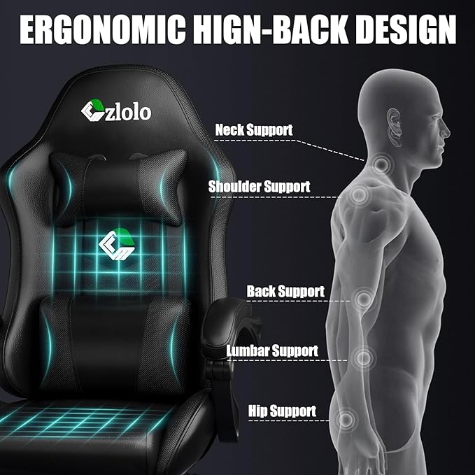 Gaming Chair, Ergonomic Office Computer Chair with Footrest and Lumbar Support Massager Racing Style High Back Video Gamer Chair, Wide&Thick Cushion, 90°-135° Recline, Adjustable Height, Black-DeskLoop Office